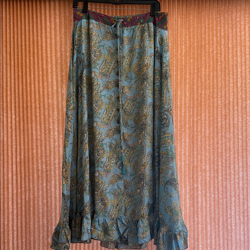 Karma Highway Boho Paisley Maxi Skirt in Teal with Ruffle Hem